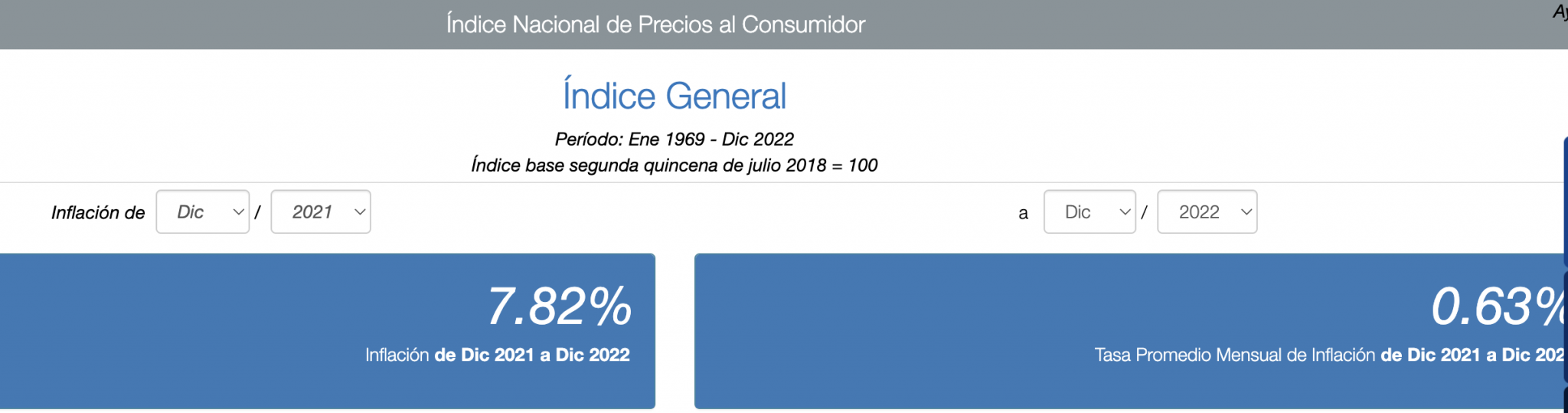 Inflación acumulada al mes de Diciembre 2022 es de 7.82, INPC 126.478 Diciembre 2022, DOF 10/01
